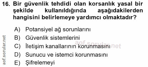 16. soru: Bir güvenlik tehdidi olan korsanlık yasal bir şekilde kullanıldığında aşağıdakilerden hangisini belirlemeye yardımcı…