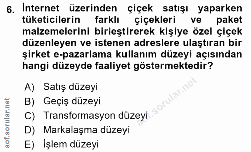 6. soru: Internet üzerinden çiçek satışı yaparken tüketicilerin farklı çiçekleri ve paket malzemelerini birleştirerek kişiye ö…