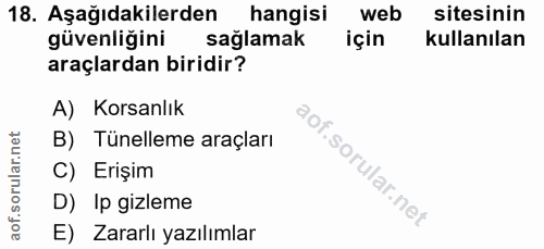 18. soru: Aşağıdakilerden hangisi web sitesinin güvenliğini sağlamak için kullanılan araçlardan biridir? A) Korsanlık B) Tünell…