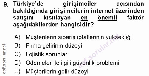9. soru: Türkiye'de girişimciler açısından bakıldığında girişimcilerin internet üzerinden satışını kısıtlayan en önemli faktör…