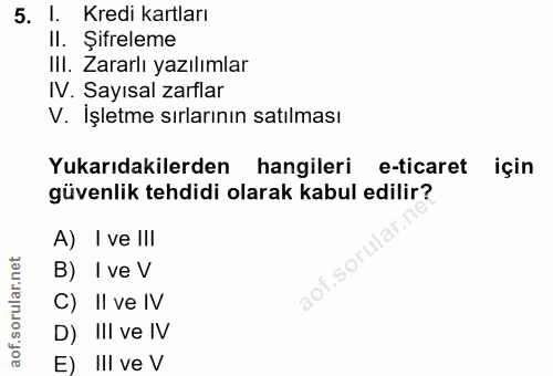 5. soru: I. Kredi kartları II. Şifreleme Ill. Zararlı yazılımlar IV. Sayısal zarflar V. Işletme sırlarının satılması Yukarıdak…