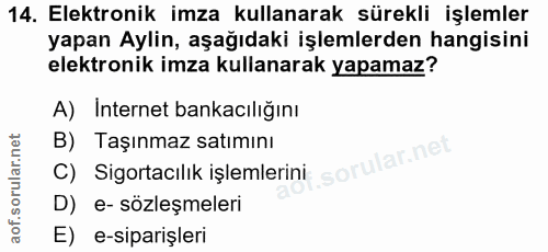 14. soru: Elektronik imza kullanarak sürekli işlemler yapan Aylin, aşağıdaki işlemlerden hangisini elektronik imza kullanarak y…