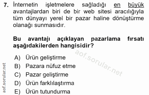 7. soru: Internetin işletmelere sagladığı en büyuk avantajlardan biri de bir web sitesi aracılığıyla tüm dünyayı yerel bir paz…