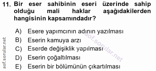 11. soru: Bir eser sahibinin eseri üzerinde sahip olduğu mali haklar aşağıdakilerden hangisinin kapsamındadır? A) Esere yapımcı…