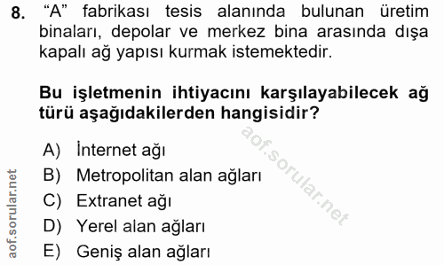 8. soru: "A" fabrikası tesis alanında bulunan üretim binaları, depolar ve merkez bina arasında dışa kapalı ağ yapısı kurmak is…