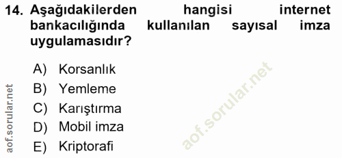 14. soru: Aşağıdakilerden hangisi internet bankacılığında kullanılan sayısal imza uygulamasıdır? A) Korsanlık B) Yemleme C) Kar…