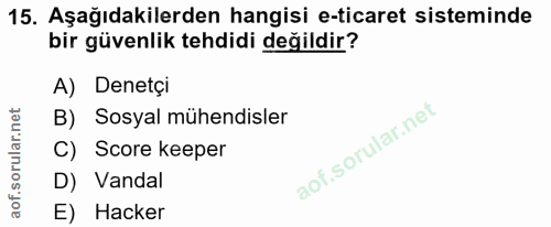 15. soru: Aşağıdakilerden hangisi e-ticaret sisteminde bir güvenlik tehdidi değildir? A) Denetçi B) Sosyal mühendisler C) Score…