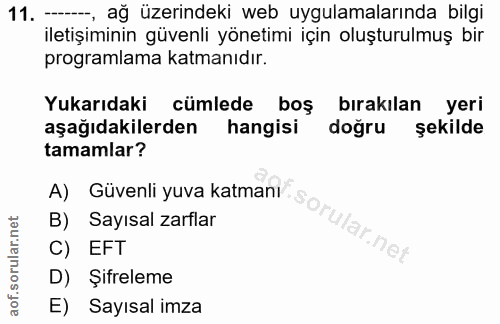 11. soru: -, ağ üzerindeki web uygulamalarında bilgi iletişiminin güvenli yönetimi için oluşturulmuş bir programlama katmanıdır…