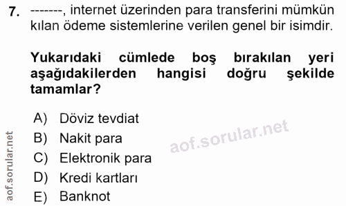 7. soru: --, internet üzerinden para transferini mümkün kılan ödeme sistemlerine verilen genel bir isimdir. Yukarıdaki cümlede…