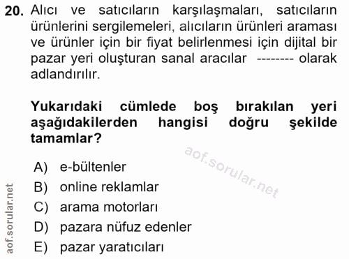 20. soru: Alıcı ve satıcıların karşılaşmaları, satıcıların ürünlerini sergilemeleri, alıcıların ürünleri araması ve ürünler içi…