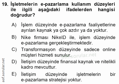 19. soru: İşletmelerin e-pazarlama kullanım düzeyleri ile ilgili aşağıdaki ifadelerden hangisi doğrudur? A) İşlem düzeyinde e-p…