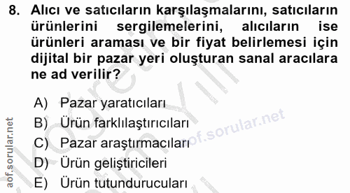 8. soru: Alıcı ve satıcıların karşılaşmalarını, satıcıların ürünlerini sergilemelerini, alicilarin ise ürünleri araması ve bir…