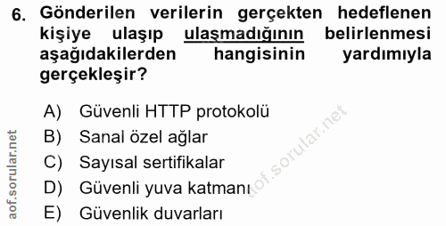 6. soru: Gönderilen verilerin gerçekten hedeflenen kişiye ulaşıp ulaşmadığının belirlenmesi aşağıdakilerden hangisinin yardımı…