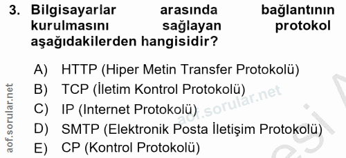 3. soru: Bilgisayarlar arasında bağlantının kurulmasını sağlayan protokol aşağıdakilerden hangisidir? A) HTTP (Hiper Metin Tra…