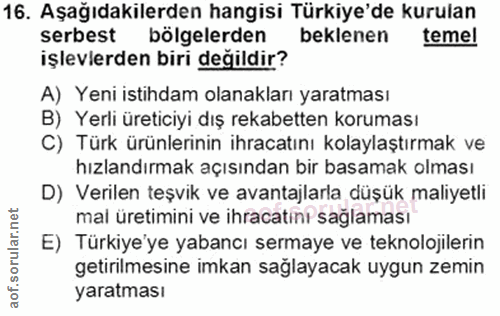 16. soru: Aşağıdakilerden hangisi Türkiye'de kurulan serbest bölgelerden beklenen temel işlevlerden biri değildir? A) Yeni isti…