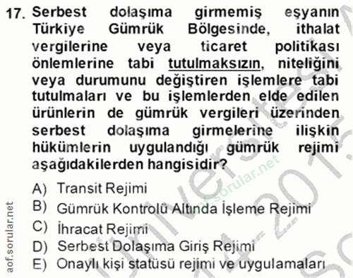 17. soru: Serbest dolaşıma girmemiş eşyanın Türkiye Gümrük Bölgesinde, ithalat vergilerine veya ticaret politikası önlemlerine…