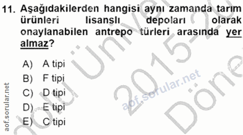 11. soru: Aşağıdakilerden hangisi aynı zamanda tarım ürünleri lisanslı depoları ! olarak onaylanabilen antrepo türleri arasında…