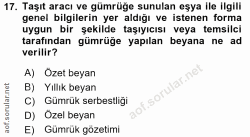 17. soru: Taşıt aracı ve gümrüğe sunulan eşya ile ilgili genel bilgilerin yer aldığı ve istenen forma uygun bir şekilde taşıyıc…