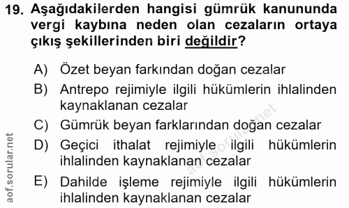 19. soru: Aşağıdakilerden hangisi gümrük kanununda vergi kaybına neden olan cezaların ortaya çıkış şekillerinden biri değildir?…