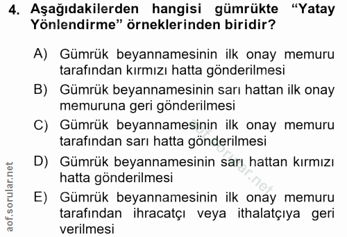 4. soru: Aşağıdakilerden hangisi gümrükte "Yatay Yönlendirme" örneklerinden biridir? A) Gümrük beyannamesinin ilk onay memuru…