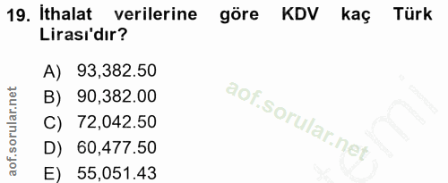 19. soru: Ithalat verilerine göre KDV kaç Türk Lirası'dır? A) 93,382.50 B) 90,382.00 C) 72,042.50 D) 60,477.50 E) 55,051.43