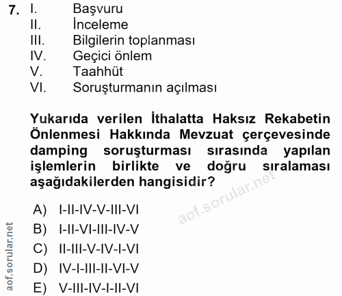 7. soru: I. Başvuru II. Inceleme Bilgilerin toplanması IV. Geçici önlem V. Taahhüt VI. Soruşturmanın açılması Yukarıda verilen…