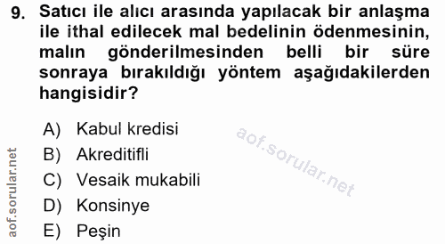 9. soru: Satıcı ile alıcı arasında yapılacak bir anlaşma ile ithal edilecek mal bedelinin ödenmesinin, malın gönderilmesinden…