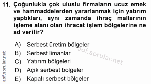 11. soru: Çoğunlukla çok uluslu firmaların ucuz emek ve hammaddelerden yararlanmak için yatırım yaptıkları, aynı zamanda ihraç…