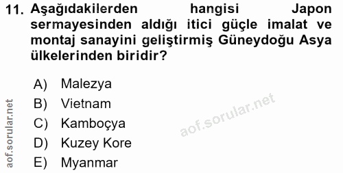 11. soru: Aşağıdakilerden hangisi Japon sermayesinden aldığı itici güçle imalat ve montaj sanayini geliştirmiş Güneydoğu Asya ü…