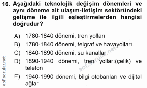 16. soru: Aşağıdaki teknolojik değişim dönemleri ve aynı döneme ait ulaşım-iletişim sektöründeki gelişme ile ilgili eşleştirmel…