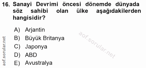 16. soru: Sanayi Devrimi öncesi dönemde dünyada söz sahibi olan ülke aşağıdakilerden hangisidir? A) Arjantin B) Büyük Britanya…