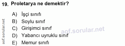 19. soru: Proletarya ne demektir? A) Işçi sınıfı B) Soylu sınıf C) Girişimci sınıf D) Yabancı uyruklu sınıf E) Memur sınıfi