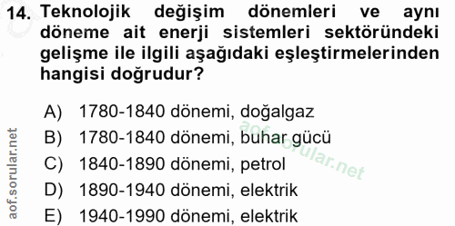 14. soru: Teknolojik değişim dönemleri ve aynı döneme ait enerji sistemleri sektöründeki gelişme ile ilgili aşağıdaki eşleştirm…