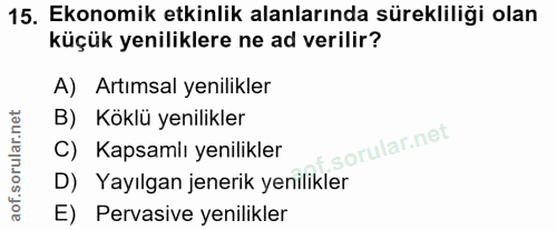 15. soru: Ekonomik etkinlik alanlarında sürekliliği olan küçük yeniliklere ne ad verilir? A) Artımsal yenilikler B) Köklü yenil…