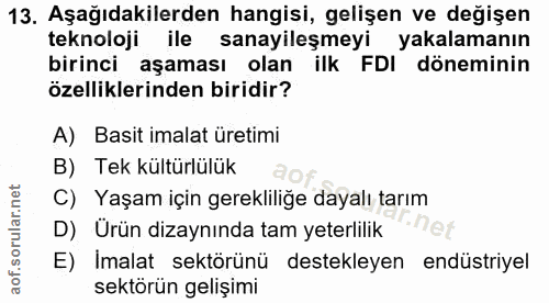 13. soru: Aşağıdakilerden hangisi, gelişen ve değişen teknoloji ile sanayileşmeyi yakalamanın birinci aşaması olan ilk FDI döne…
