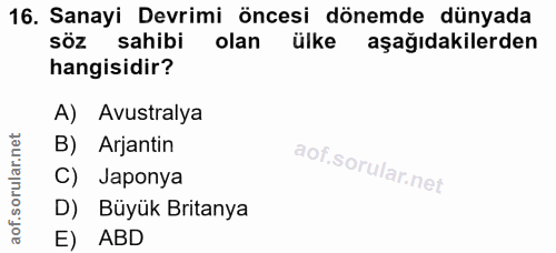 16. soru: Sanayi Devrimi öncesi dönemde dünyada söz sahibi olan ülke aşağıdakilerden hangisidir? A) Avustralya B) . Arjantin C)…