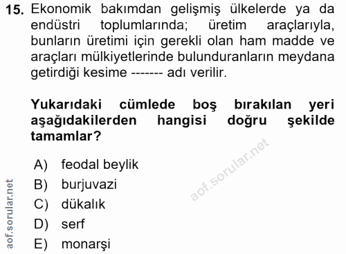 15. soru: Ekonomik bakımdan gelişmiş ülkelerde ya da endüstri toplumlarinda; üretim araçlarıyla, bunların üretimi için gerekli…