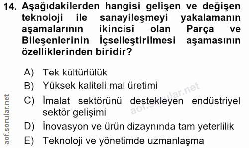 14. soru: Aşağıdakilerden hangisi gelişen ve değişen teknoloji ile sanayileşmeyi yakalamanın aşamalarının ikincisi olan Parça v…