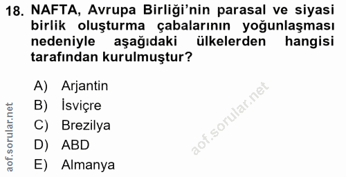 18. soru: NAFTA, Avrupa Birliği'nin parasal ve siyasi birlik oluşturma çabalarının yoğunlaşması nedeniyle aşağıdaki ülkelerden…
