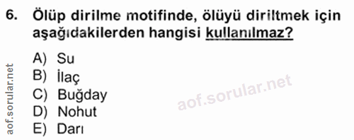 6. soru: Ölüp dirilme motifinde, ölüyü diriltmek için aşağıdakilerden hangisi kullanılmaz? A) Su B) İlaç C) Bugday D) Nohut E)…