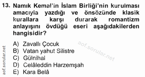 13. soru: Namık Kemal'in İslam Birliği'nin kurulması amacıyla yazdığı ve önsözünde klasik kurallara karşı durarak romantizm anl…
