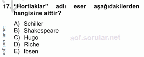17. soru: "Hortlaklar" adlı eser aşağıdakilerden hangisine aittir? A) Schiller rular.n B) Shakespeare C) Hugo aof.s D) Riche E)…