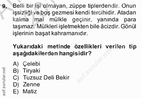 9. soru: Belli bir işi olmayan, züppe tiplerdendir. Onun işsizliği ve boş gezmesi kendi tercihidir. Atadan kalma mal mülkle ge…