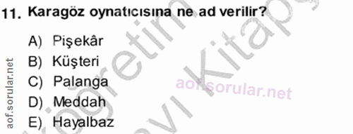11. soru: Karagöz oynatıcısına ne ad verilir? A) Pişekâr B) Küşteri C) Palanga aor gorular.net D), Meddah E), Hayalbaz