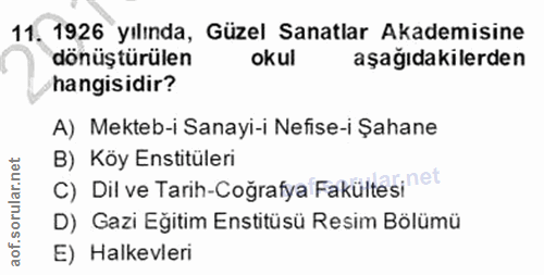 11. soru: 1926 yılında, Güzel Sanatlar Akademisine dönüştürülen okul aşağıdakilerden hangisidir? A) Mekteb-i Sanayi-i Nefise-i…