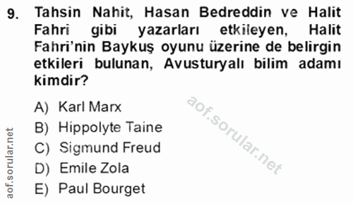 9. soru: Tahsin Nahit, Hasan Bedreddin ve Halit Fahri gibi yazarları etkileyen, Halit Fahri'nin Baykuş oyunu üzerine de belirg…