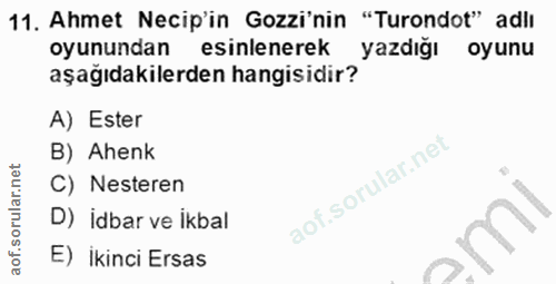 11. soru: Ahmet Necip'in Gozzi'nin "Turondot" adlı oyunundan esinlenerek yazdığı oyunu aşağıdakilerden hangisidir? A) Ester B)…