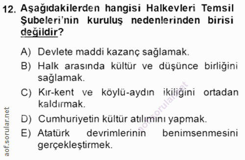 12. soru: Aşağıdakilerden hangisi Halkevleri Temsil Şubeleri'nin kuruluş nedenlerinden birisi değildir? A) Devlete maddi kazanç…