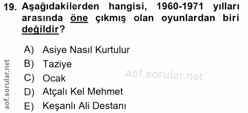 19. soru: Aşağıdakilerden hangisi, 1960-1971 yılları arasında öne çıkmış olan oyunlardan biri değildir? A) Asiye Nasıl Kurtulur…