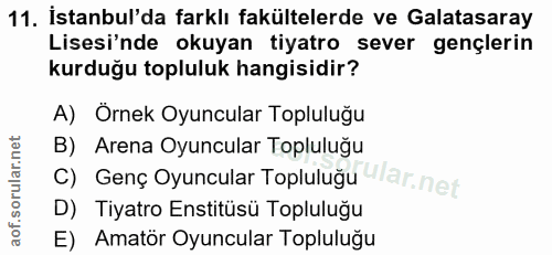 11. soru: İstanbul'da farklı fakültelerde ve Galatasaray Lisesi'nde okuyan tiyatro sever gençlerin kurduğu topluluk hangisidir?…